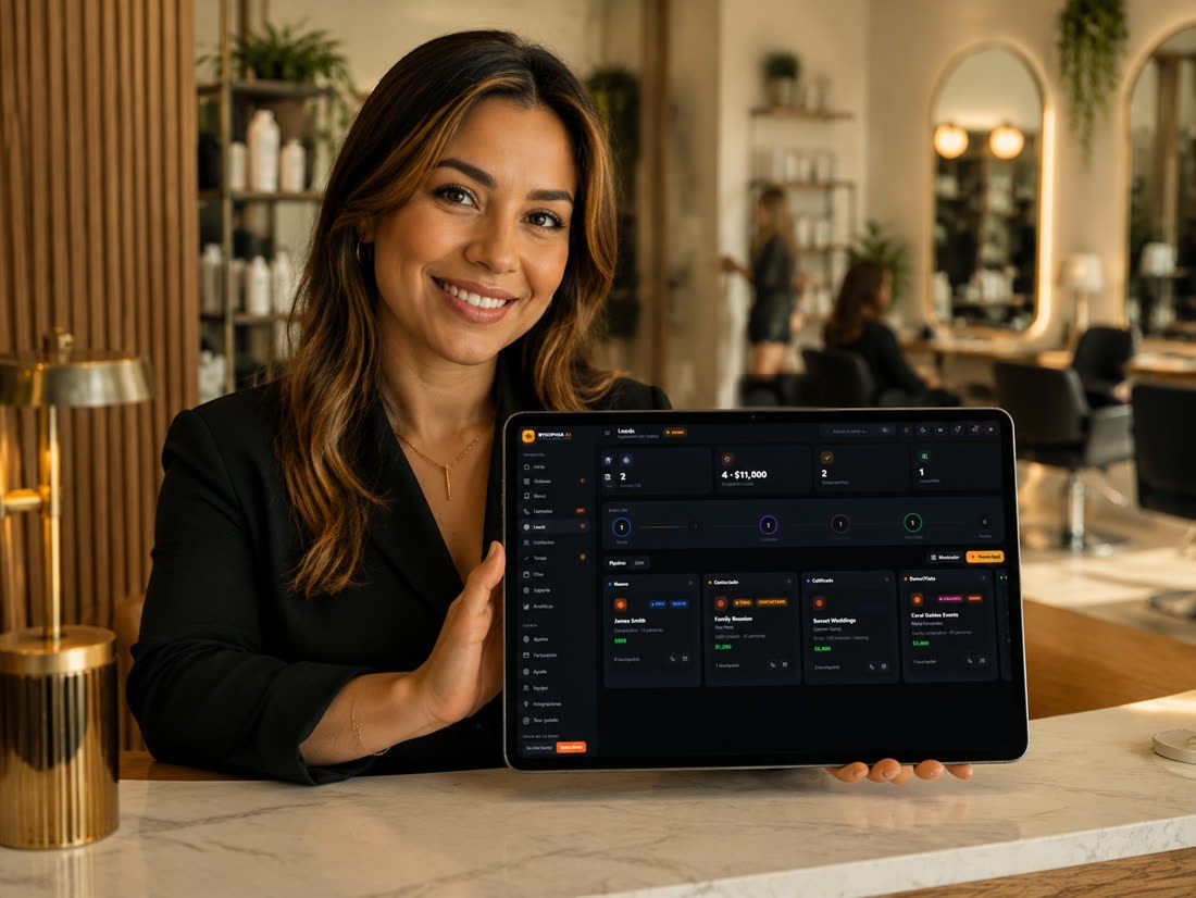 Salon receptionist using bySophia on an iPad