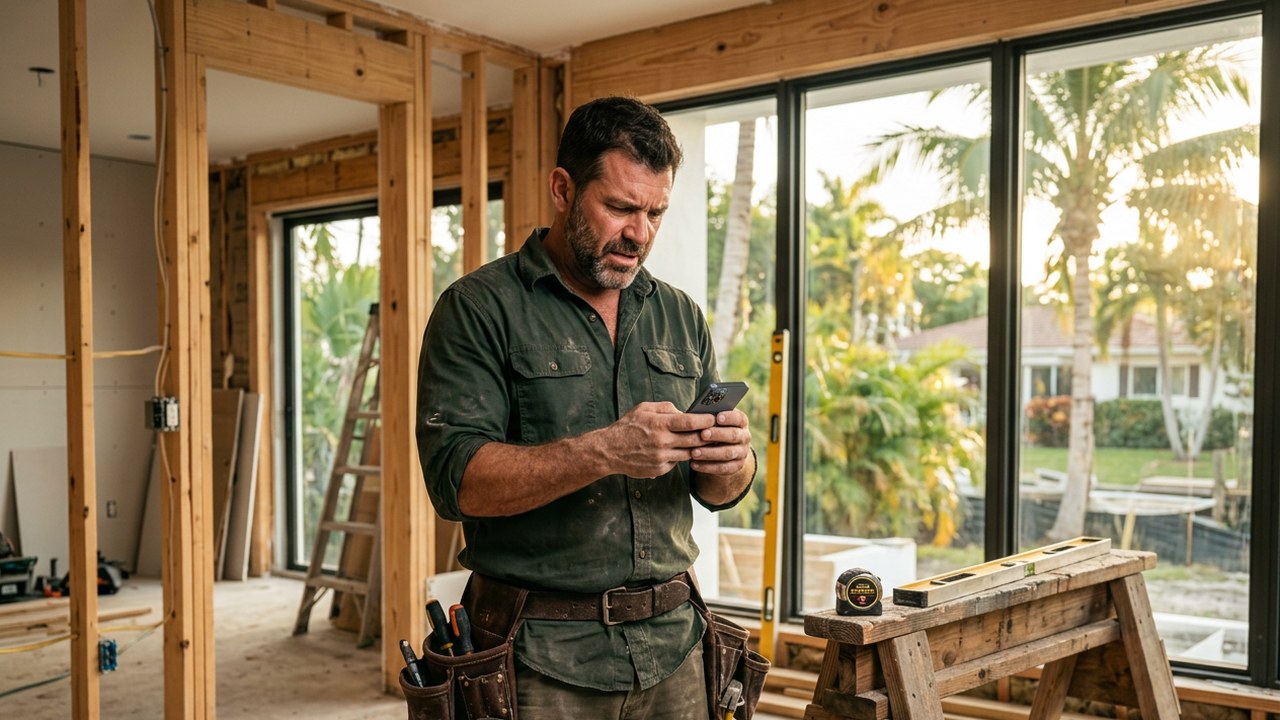 Contratista revisando su teléfono en una casa en obra en el sur de Florida
